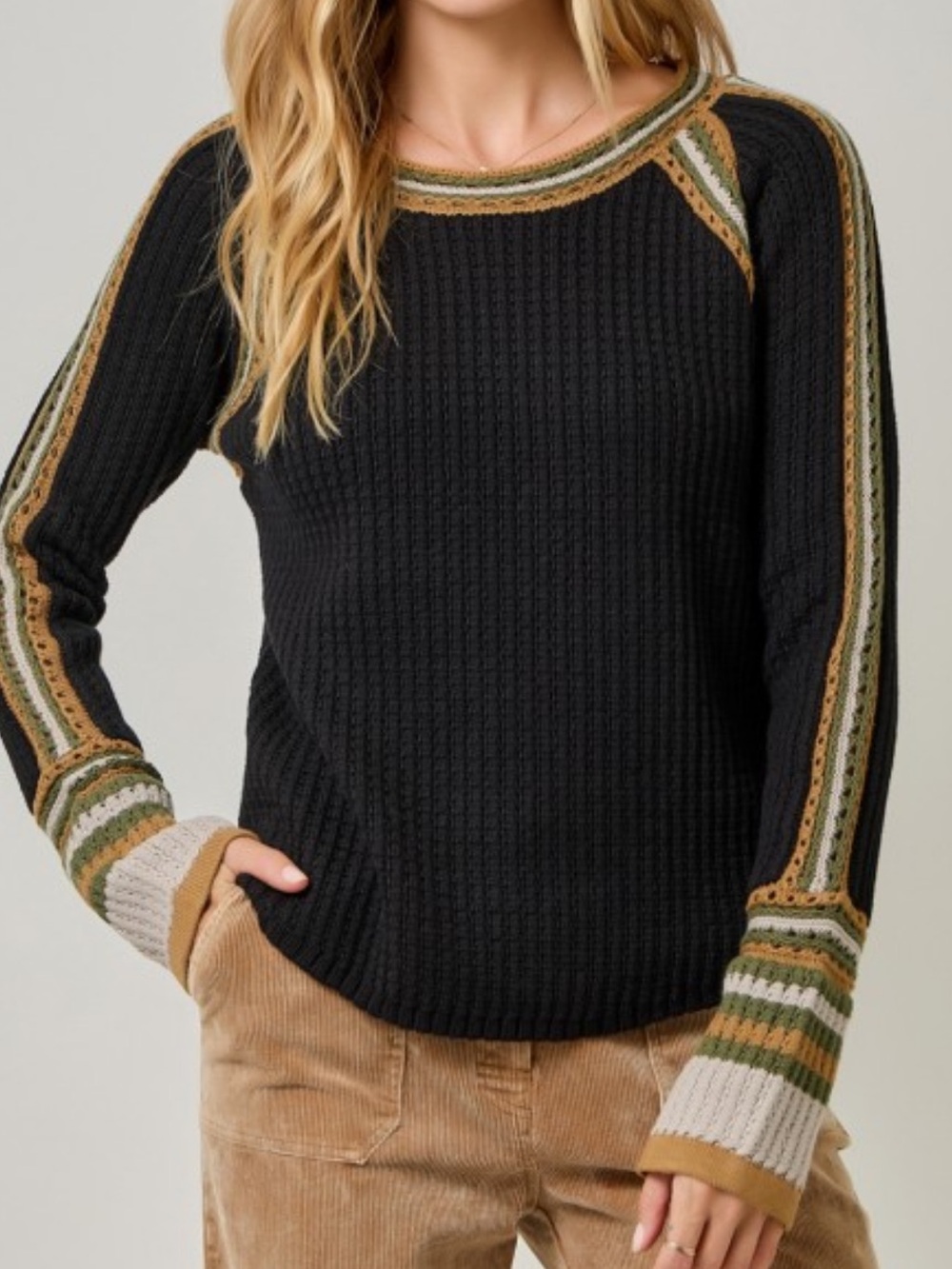 Mystree Contrast Trim Waffle Knit Sweater NWT
